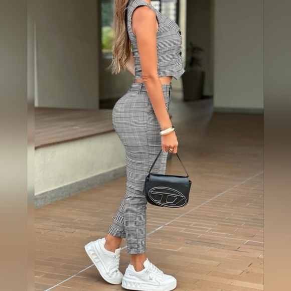 CHICME Plaid Two-Piece Stretchy Set In Black And White Size L - Picture 3 of 16